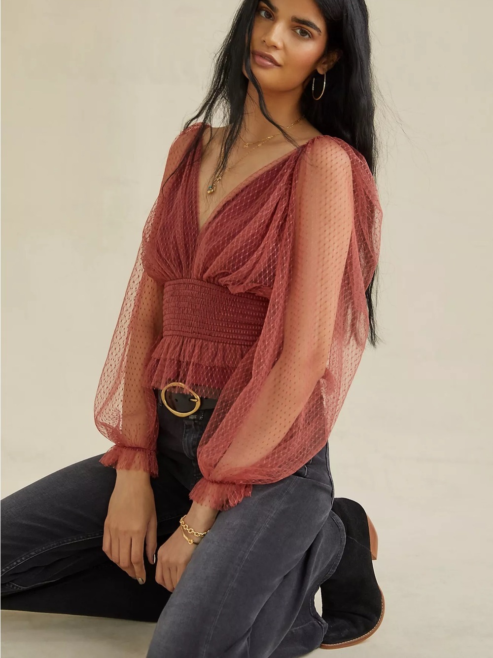 Anthropologie Puff-Sleeve V-Neck Blouse in Rose